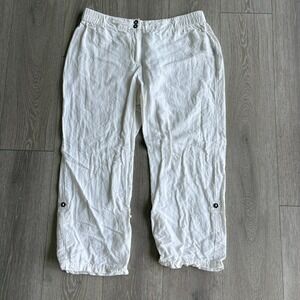 AVEC White Linen Blend Cropped Pants Large Elastic Waist Button Tab Trousers